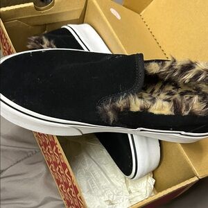 Black Vans Faux Fur Lined Slip-On Shoes